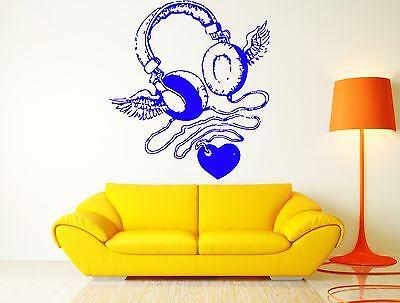 Wall Sticker Headphones Heart Wings Music Rock For Living Room Unique Gift (z2614)