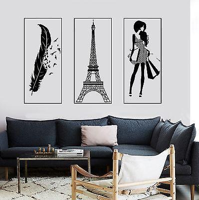 Wall Decal Paris Eiffel Tower Feather Romantic Girl France Three Piece Set Unique Gift z2851