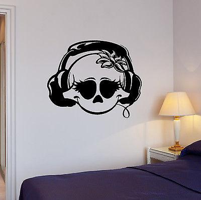 Wall Decal Smile Headphones Girl Eyelashes Flower Head Vinyl Stickers Unique Gift (ed100)