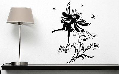 Wall Sticker Vinyl Decal Little Fairy Winglets Ringlets Bluebells Flowers Unique Gift (n078)