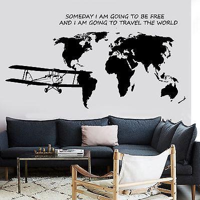 Wall Decal Map Of The World Airplane Quote Some Day I Am Going To Be Free Unique Gift z2842