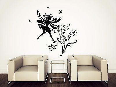 Wall Sticker Vinyl Decal Little Fairy Winglets Ringlets Bluebells Flowers Unique Gift (n078)