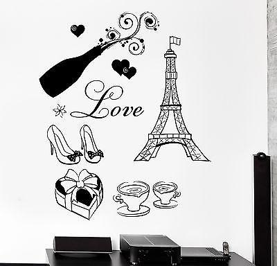 Wall Decal Paris Eiffel Coffee Champaign Candy Shoes Love Vinyl Decal Unique Gift (z3117)