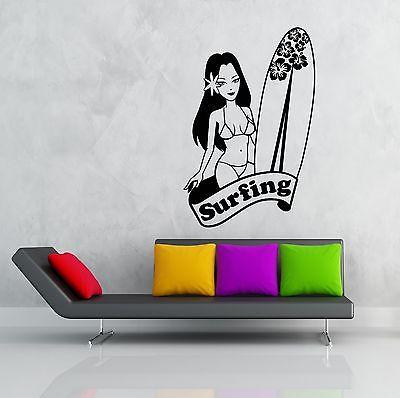 Wall Stickers Vinyl Decal Hawaii Girl With Surfboard Surfing Ocean Unique Gift (z1901)