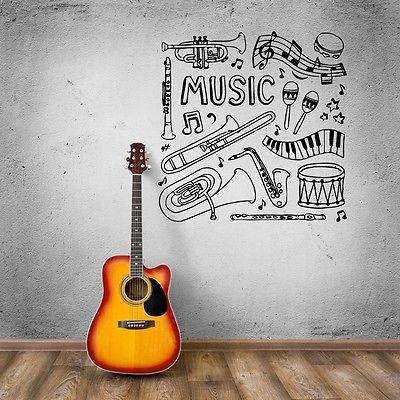 Wall Stickers Vinyl Decal Musical Instruments Drum Sheet Music Flute U ...