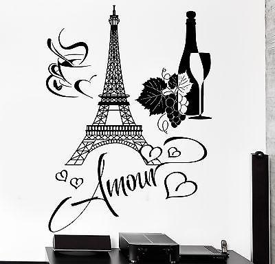Wall Decal Paris Eiffel Tower Bottle Of Wine Cup Of Coffee Love Amour Unique Gift z2848