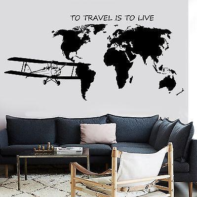 Wall Mural World Map Atlas Airplane Quote To Travel Is To Live Vinyl Unique Gift (z2841)