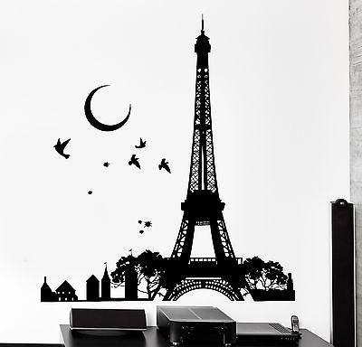 Wall Decal Paris France Eiffel Tower Night Moon Birds Vinyl Decal Unique Gift (z3123)