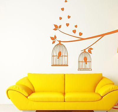 Wall Stickers Vinyl Decal Branch of Bird Caged Love Romance Heart Unique Gift (n260)