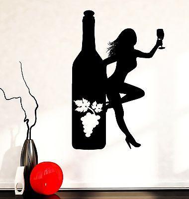 Wall Decal Naked Girl Bottle Of Wine Vine Bar Vinyl Sticker Unique Gift (z3597)