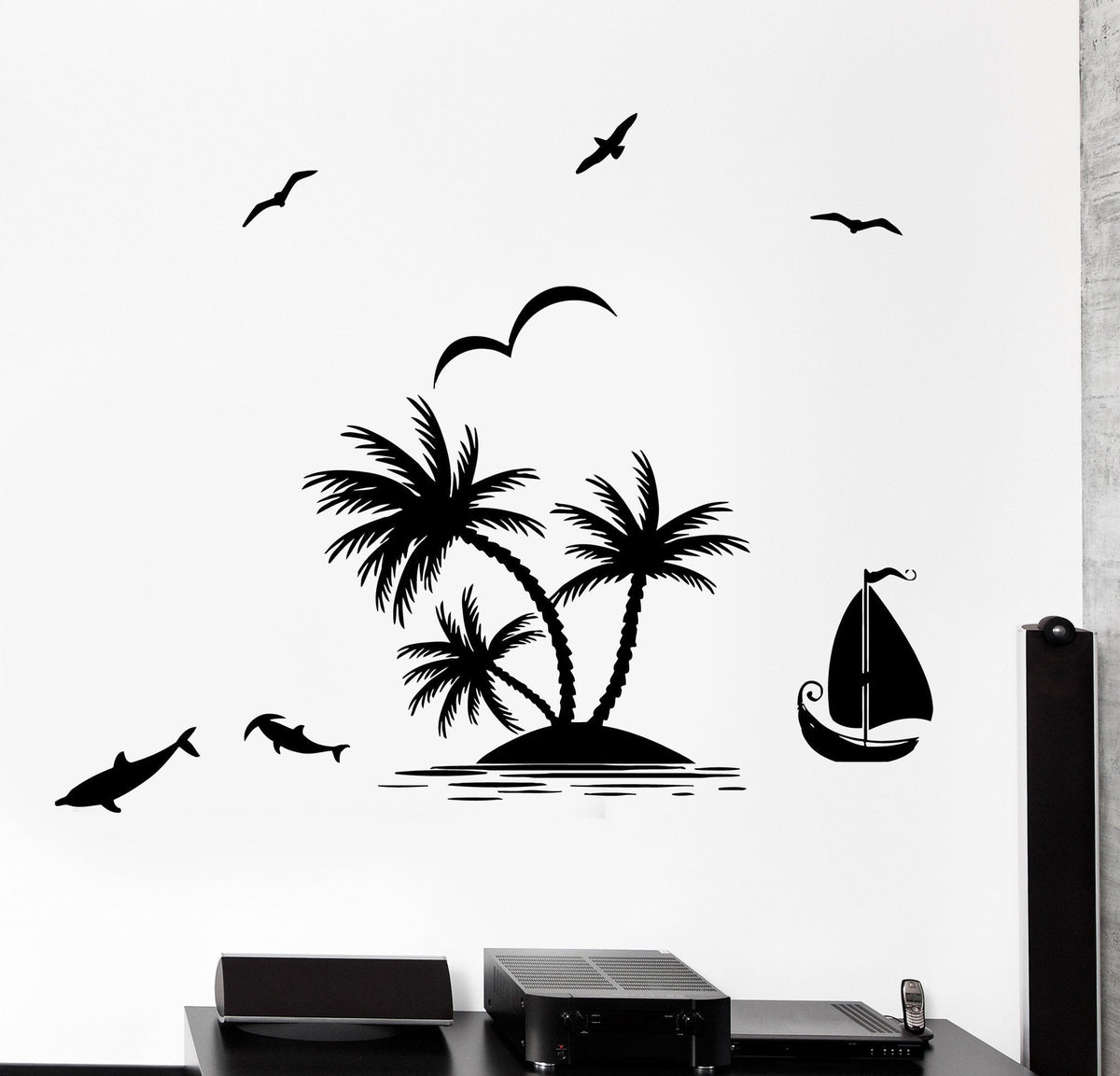 Wall Vinyl Decal Ocean Marine Sea Yacht Ship Island Fish Birds Unique
