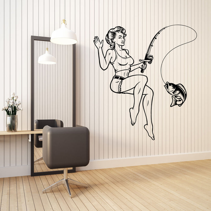 Vinyl Wall Decal Fisher Pin Up Sexy Woman Fishing Catching Fish Stickers Mural (g8406)