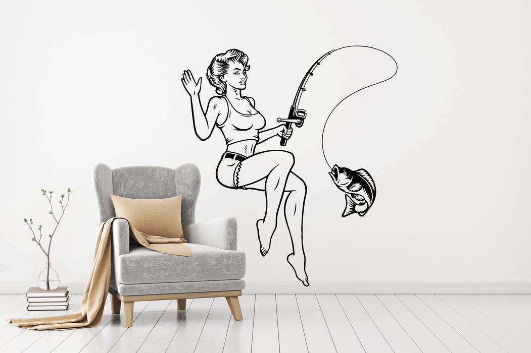 Vinyl Wall Decal Fisher Pin Up Sexy Woman Fishing Catching Fish Stickers Mural (g8406)