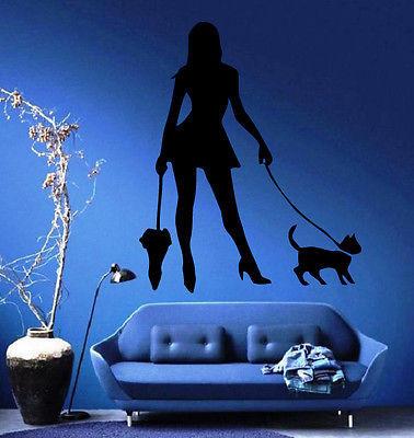 Wall Mural Vinyl Art Sticker Beautiful Woman Walk Cat Umbrella Sexy Decor Unique Gift (m323)