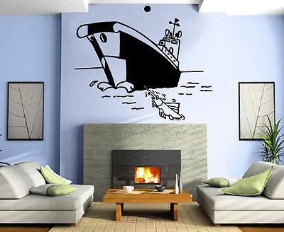 Wall Vinyl Art Sticker Cartoon Fishing Boat Marine Decor Kids Room Unique Gift (m342)