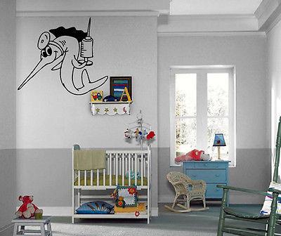 Wall Vinyl Sticker Funny Cartoon Sword Fish w/Needle Kid Room Decor Unique Gift (m380)