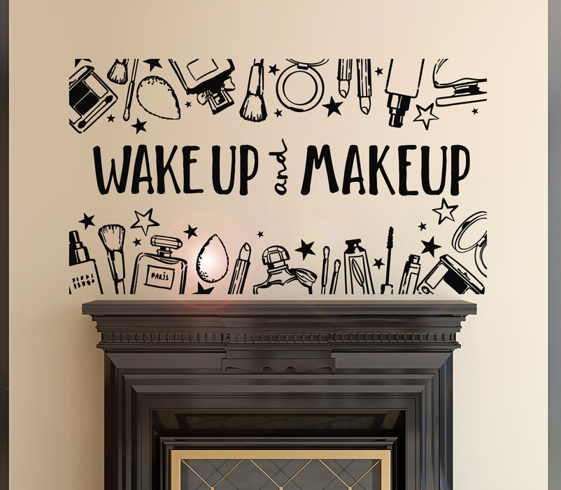 Vinyl Wall Decal Letter Wake Up And Makeup Beauty Products Stickers Mural 28.5 in x 22 in gz023