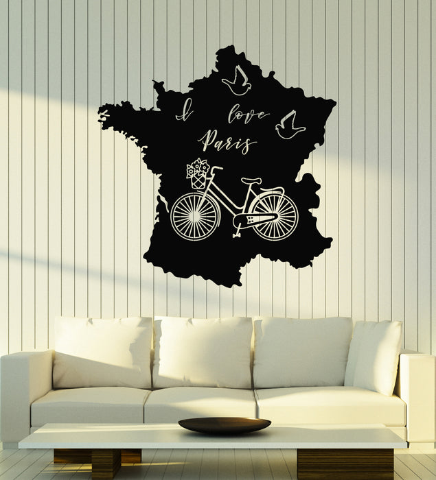 Vinyl Wall Decal Lettering I Love Paris Map Bicycle Dove Romance Stickers Mural (g4478)