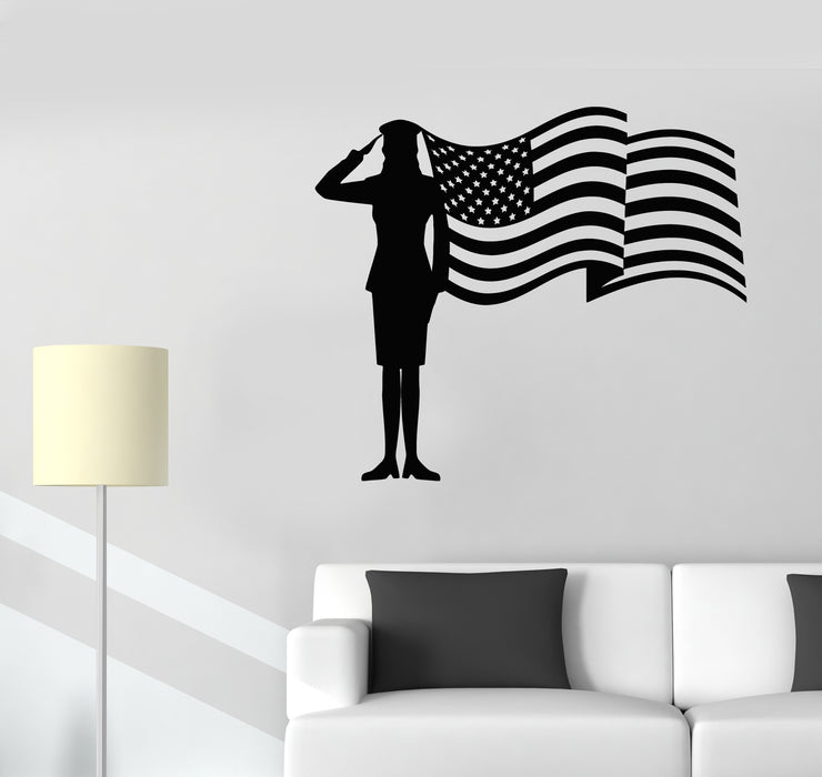 Vinyl Wall Decal Soldier Woman Girl Officer USA Patriotism American Flag Stickers Mural (g1401)