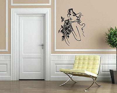 Sexy Young Girl Face Sketch with Flowers Wall Art Mural Vinyl Decal Sticker Unique Gift M623