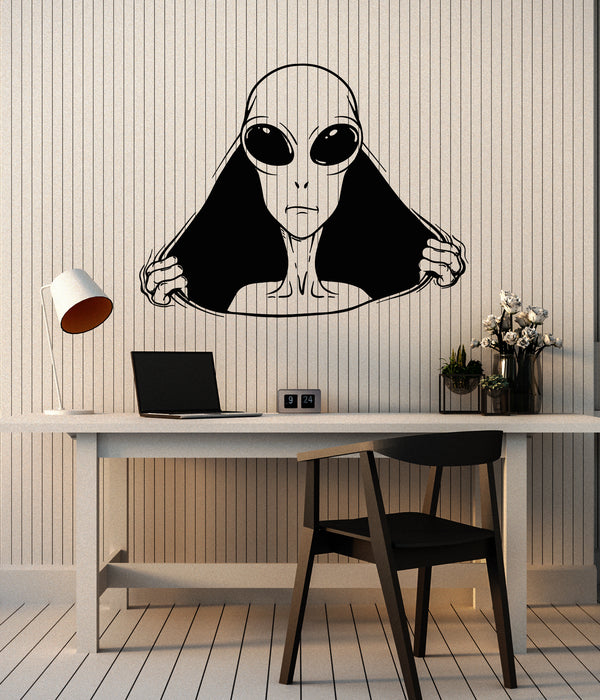 Vinyl Wall Decal Alien Peeps Out UFO Space Humanoid Teen Room Stickers Mural (g7358)