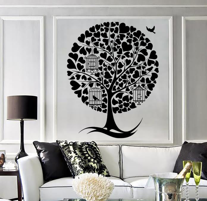 Wall Sticker Vinyl Decal Tree Leaves Branch Birds Hearts Cage Unique Gift (n1423)