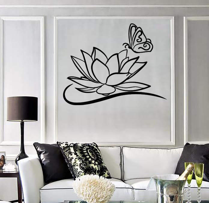 Vinyl Wall Decal Beautiful Flower Lotus Leaves Flourishes Butterfly Unique Gift (n1778)