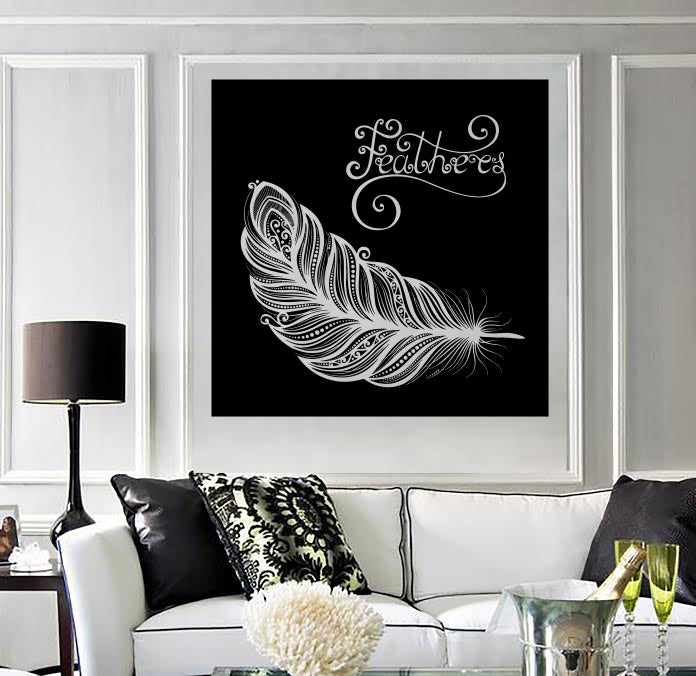 Wall Vinyl Decal Beautiful Magic White Feather Black Background Sticker Unique Gift (n1841)