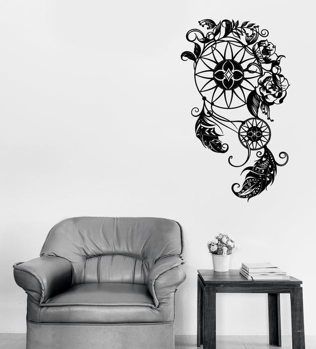 Vinyl Wall Decal Circle Floral Dreamcatcher Feathers Flowers Ornament Unique Gift (n1845)