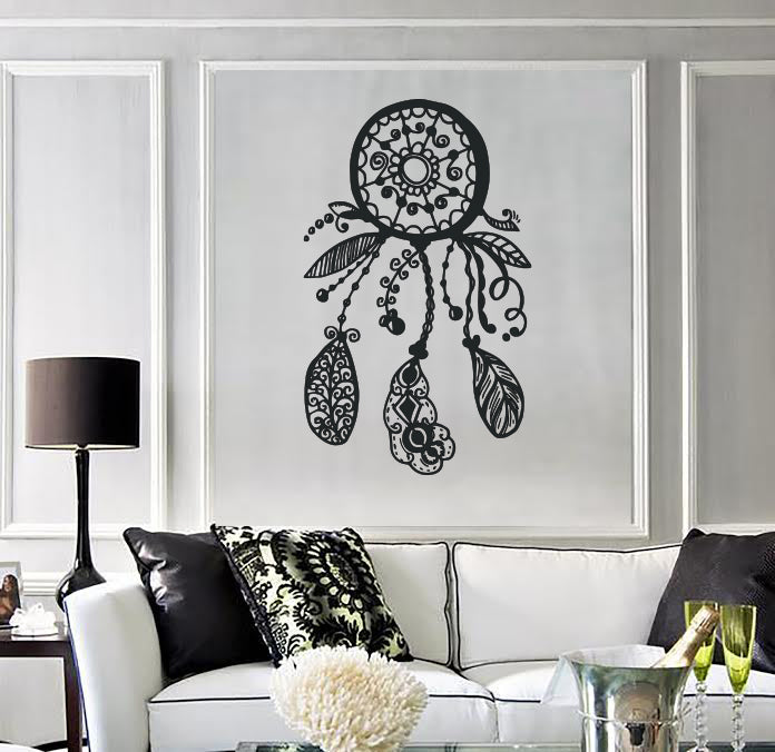 Vinyl Wall Decal Circle Floral Dreamcatcher Feathers Flowers Ornament Unique Gift (n1846)