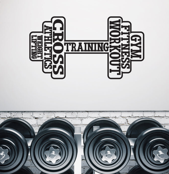 Vinyl Wall Decal Dumbbells Words Logo Fitness Gym Workout Unique Gift Stickers (n1733)