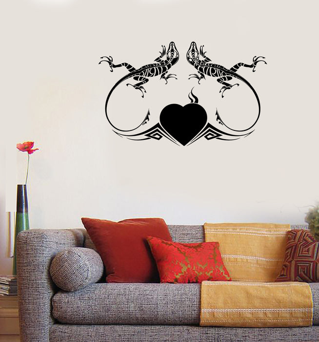 Vinyl Wall Decal Green Lizards and Heart Ornament in Tattoo Style Unique Gift (n1699)