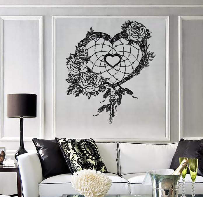 Vinyl Wall Decal Heart Roses Feathers Dreamcatcher Ornament Talisman Unique Gift (n1837)