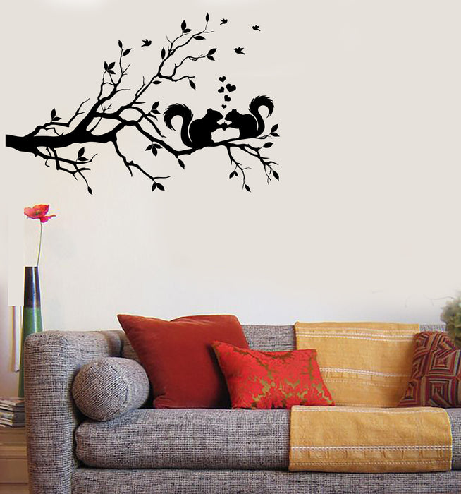 Wall Vinyl Decal Lovers Squirrels on Tree Branch Leaves Hearts Decor Unique Gift (n1611)