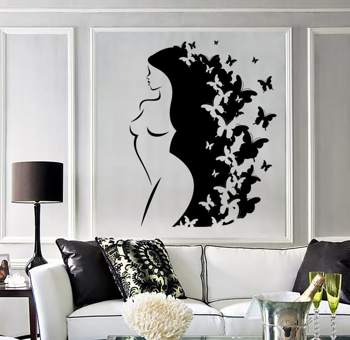 Wall Vinyl Decal Sticker Silhouette Beautiful Girl long Hair Butterflies Unique Gift (n1761)