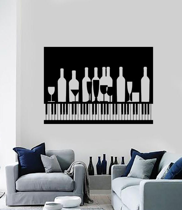 Vinyl Wall Decal Wine Cocktail Glasses Wine Bottles Piano Bar Cafe Decor Unique Gift (n1646)
