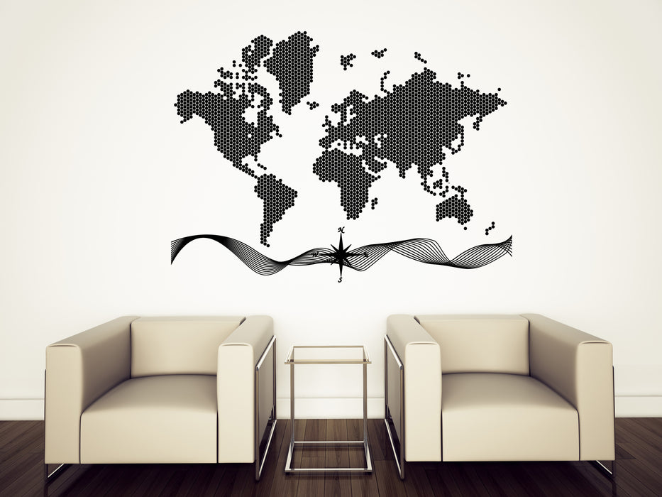 Wall Sticker Vinyl Decal World Map Dotted Compass Cardinal Points Unique Gift (n1431)
