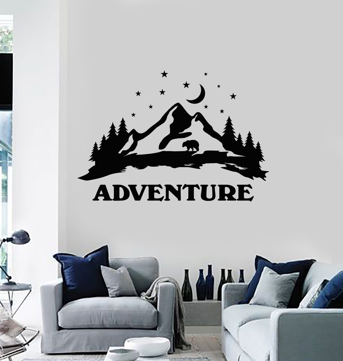 Vinyl Wall Decal Night Moon Stars Bear Adventure Mountains Landscape S ...