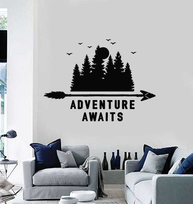 Vinyl Wall Decal Motivation Phrase Adventure Awaits Travel Nature Trees Stickers Mural (g2334)