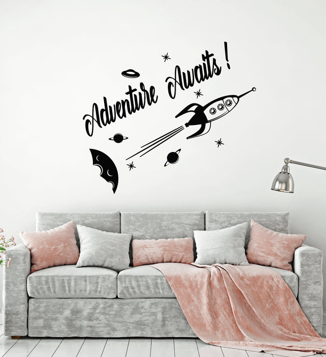 Vinyl Wall Decal Motivation Phrase Adventure Awaits Space Rocket Stickers Mural (g3896)