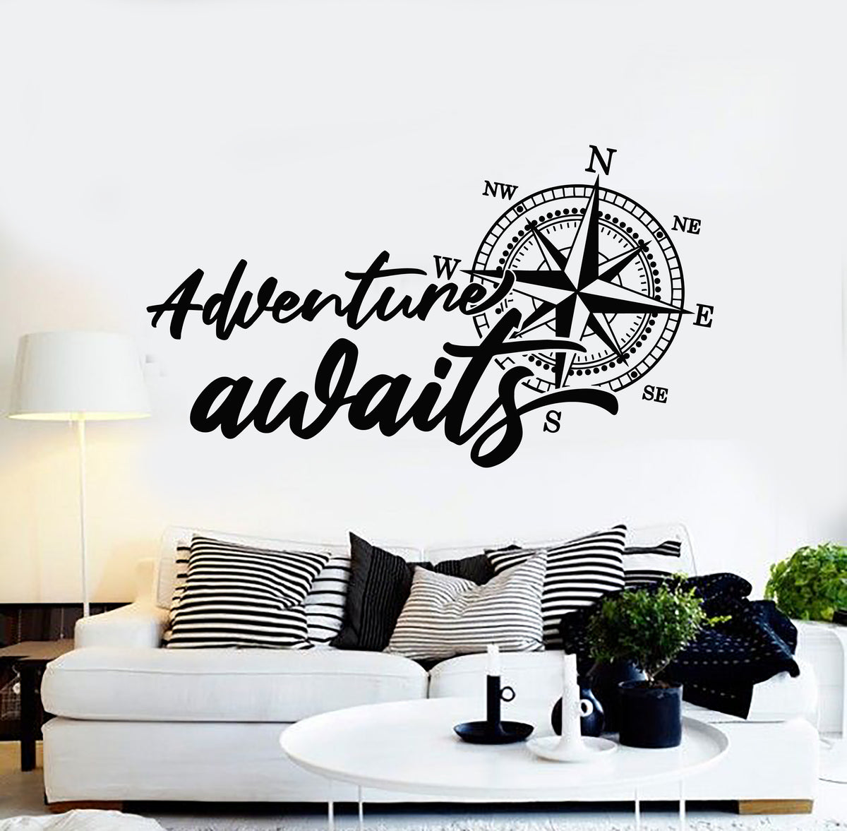 Vinyl Wall Decal Compass Adventure Awaits Inspiring Quote Stickers Mur ...