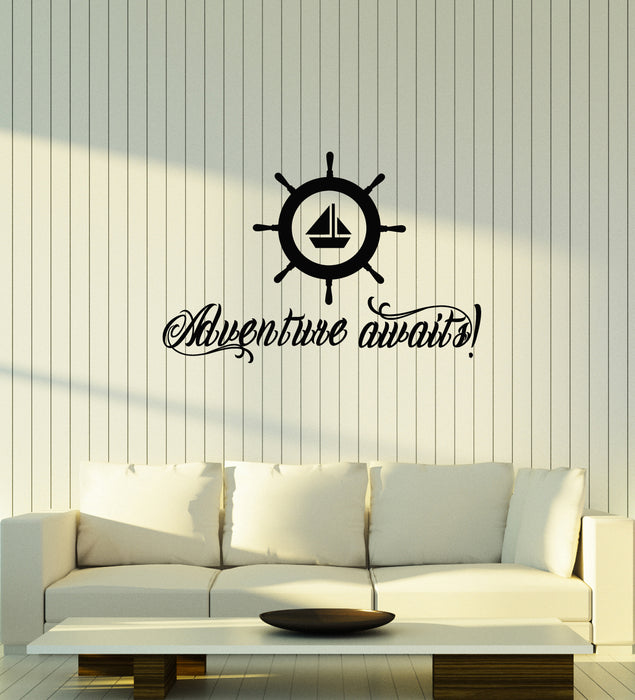 Vinyl Wall Decal Wheel Ship Adventure Awaits Sea Nautical Style Stickers Mural (g3818)