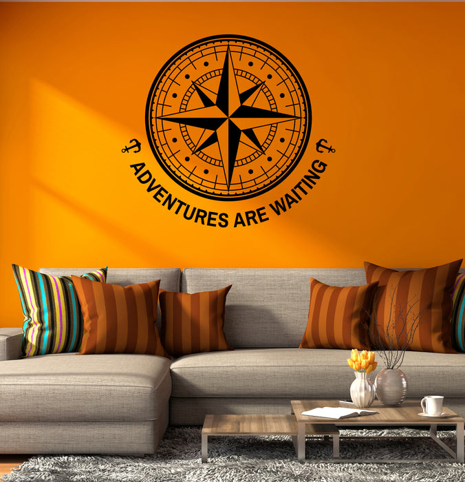 Adventures are Waiting Vinyl Wall Decal Compass Tourism Lettering Stickers Mural (k085)