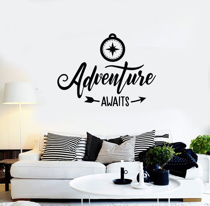 Vinyl Wall Decal Motivation Quote Compass Adventure Awaits Stickers Mural (g3875)