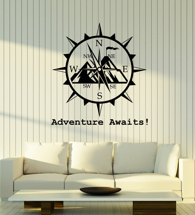 Vinyl Wall Decal Compass Phrase Adventure Awaits Travel Stickers Mural (g3997)