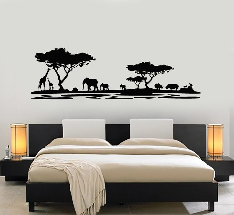 Vinyl Wall Decal African Landscape Wild Animals Elephants Giraffes Rhinos Stickers Mural (g6973)