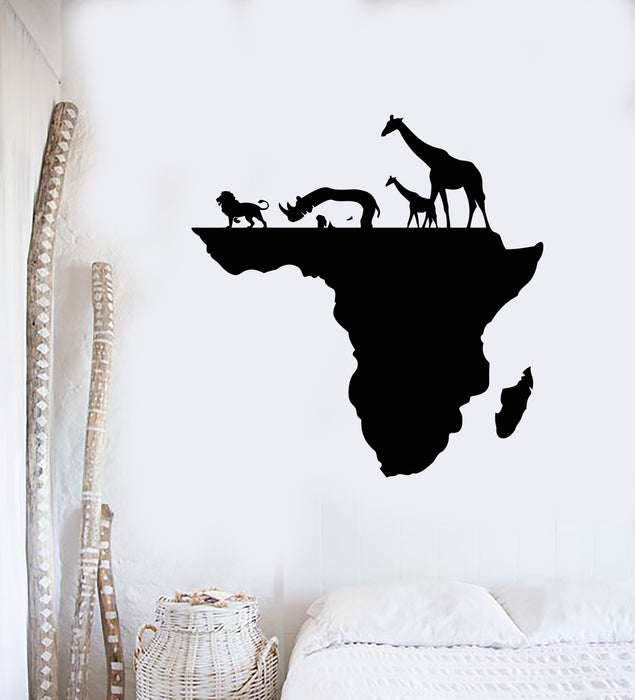 Vinyl Wall Decal Africa Continent Map Animals Lion Rhinoceros Giraffe Stickers Mural (g3347)