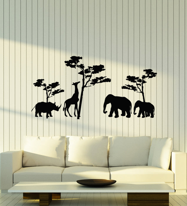 Vinyl Wall Decal African Landscape Animals Elephants Rhinoceros Giraffe Stickers Mural (g4346)