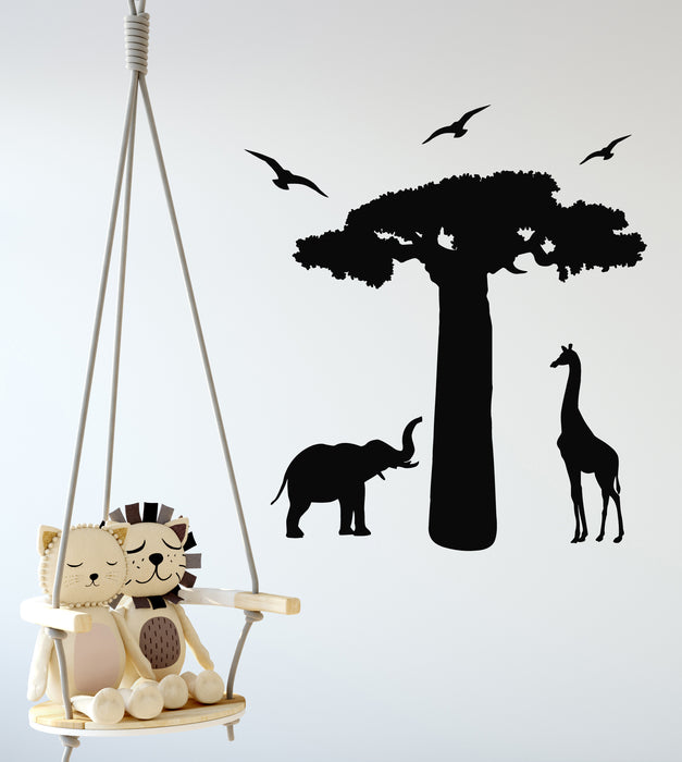 Vinyl Wall Decal Elephant Giraffe African Continent Animals Tree Stickers Mural (g6729)