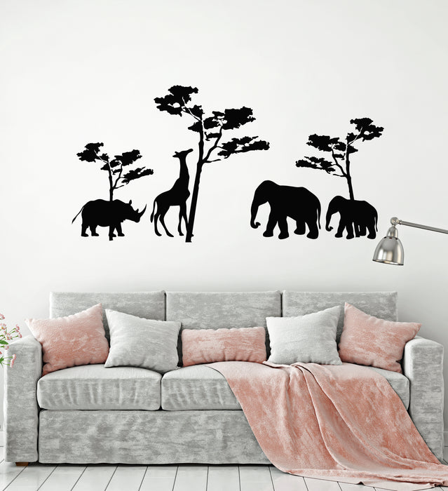Vinyl Wall Decal African Landscape Animals Elephants Rhinoceros Giraffe Stickers Mural (g4346)